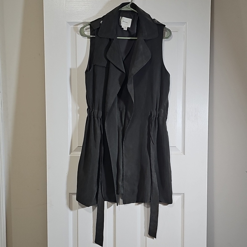 Anthropologie Elevenses Long Vest Sleeveless Cupro Green Gathered Tie Waist S